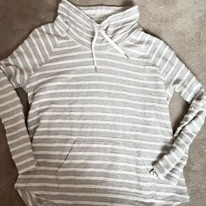 Striped Gray and White Hoodie, Front Pockets, Large, Adjustable Sleeves